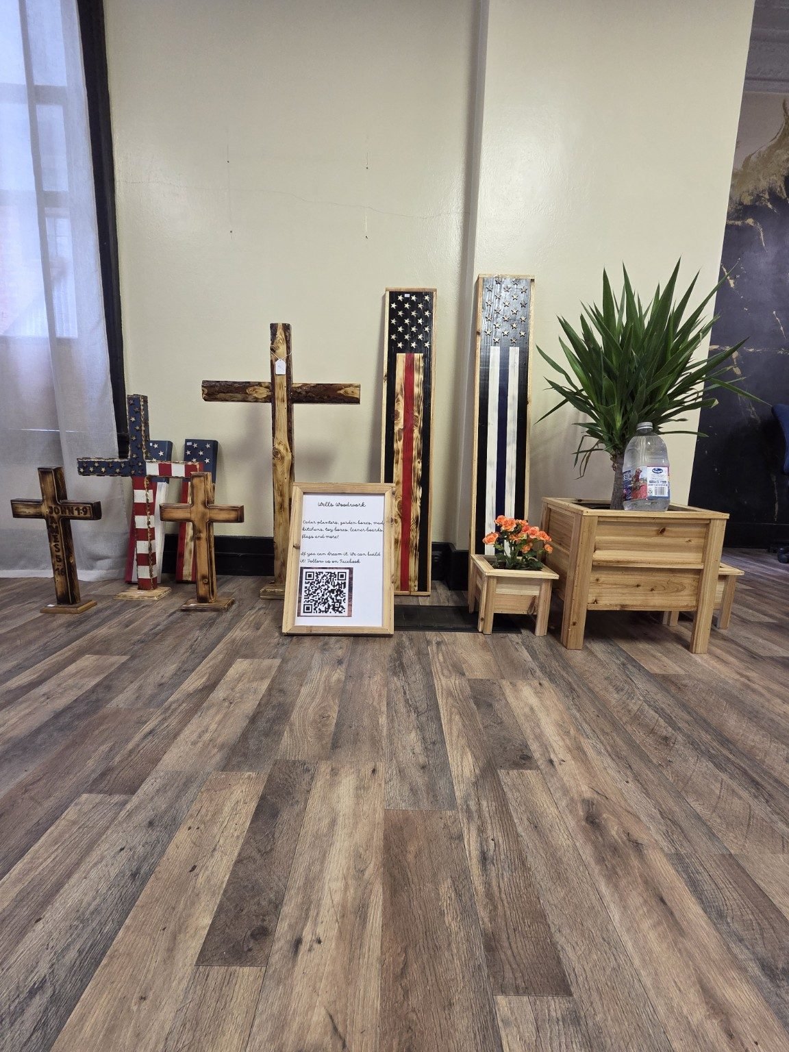 Wells Woodwork flags, crosses, and planter boxes
