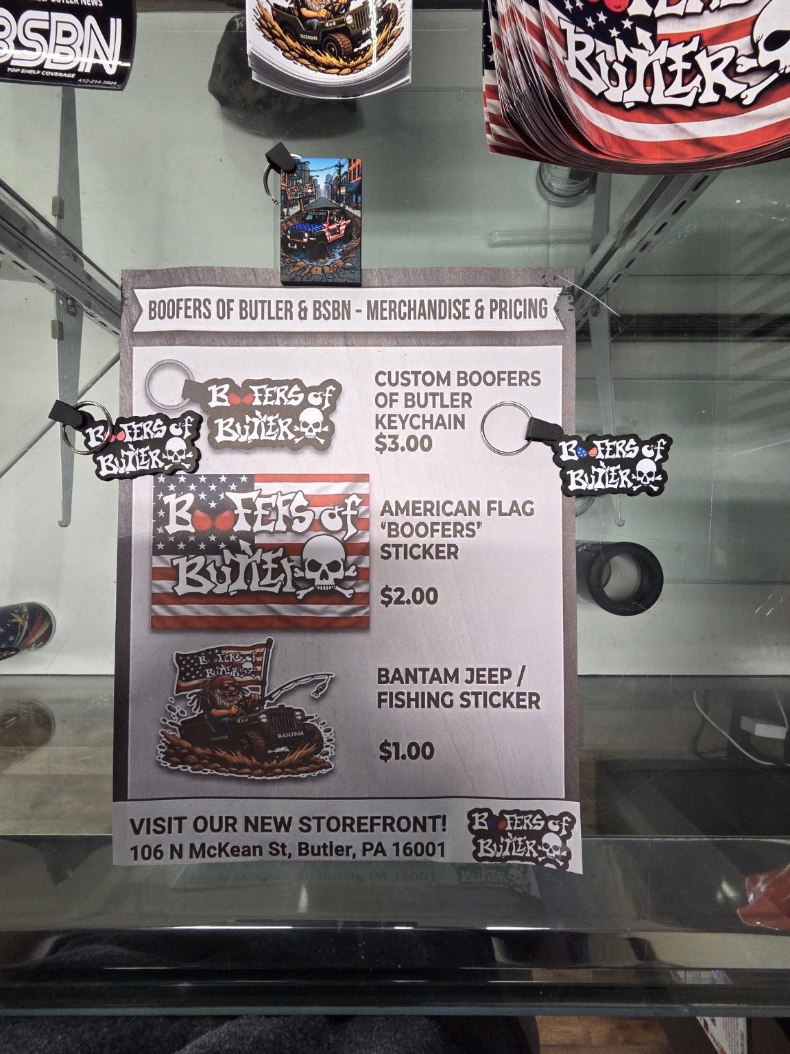 Boofers merchandise pricing sheet